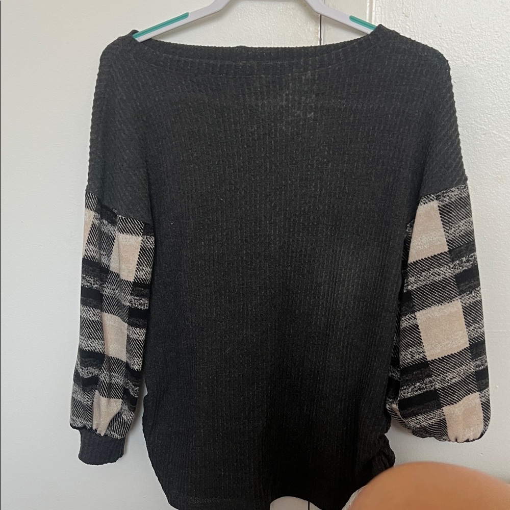 Emerald Black Sweater with Plaid Sleeves